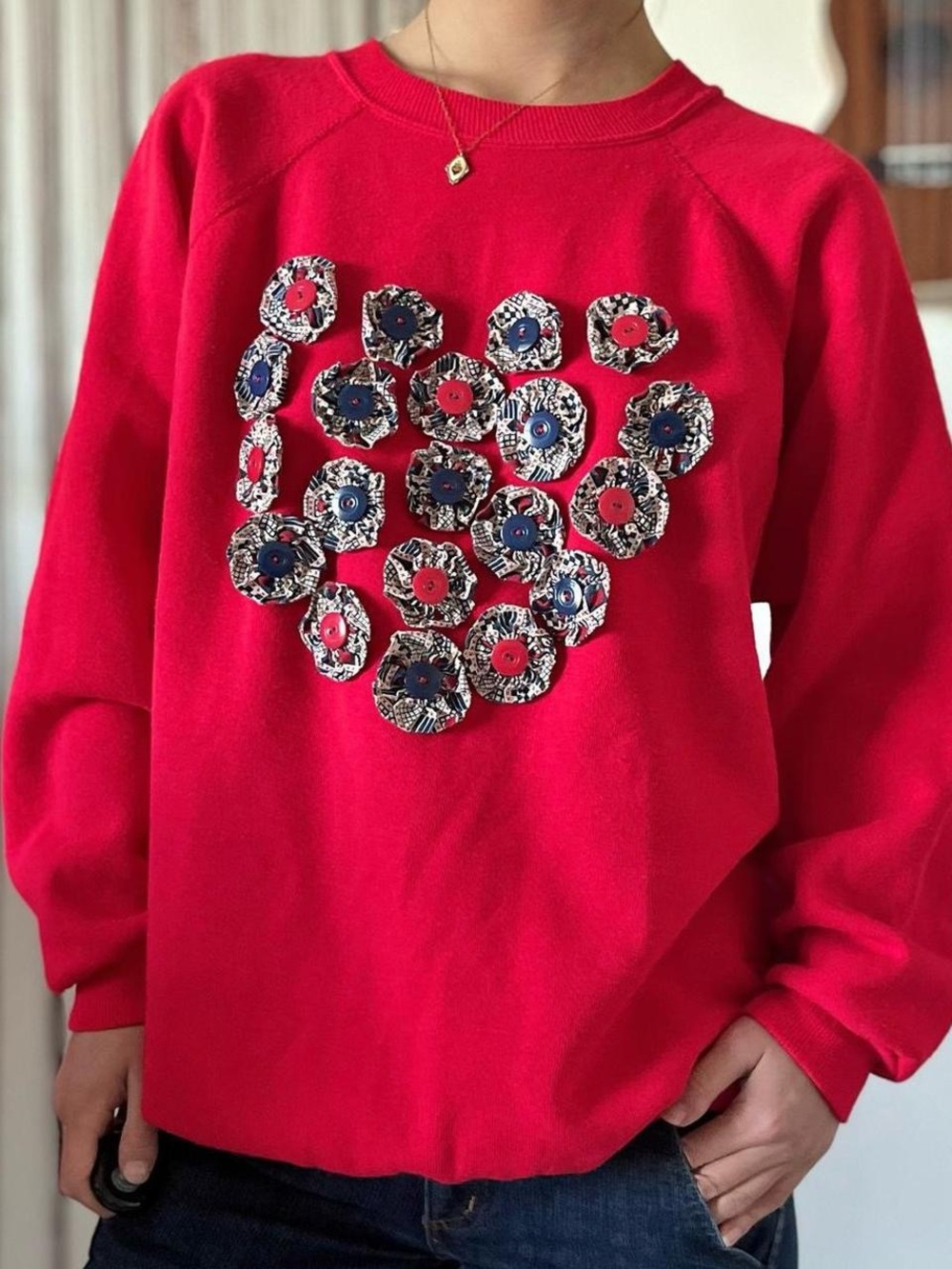 hanes red crewneck with heart shaped button embroidery